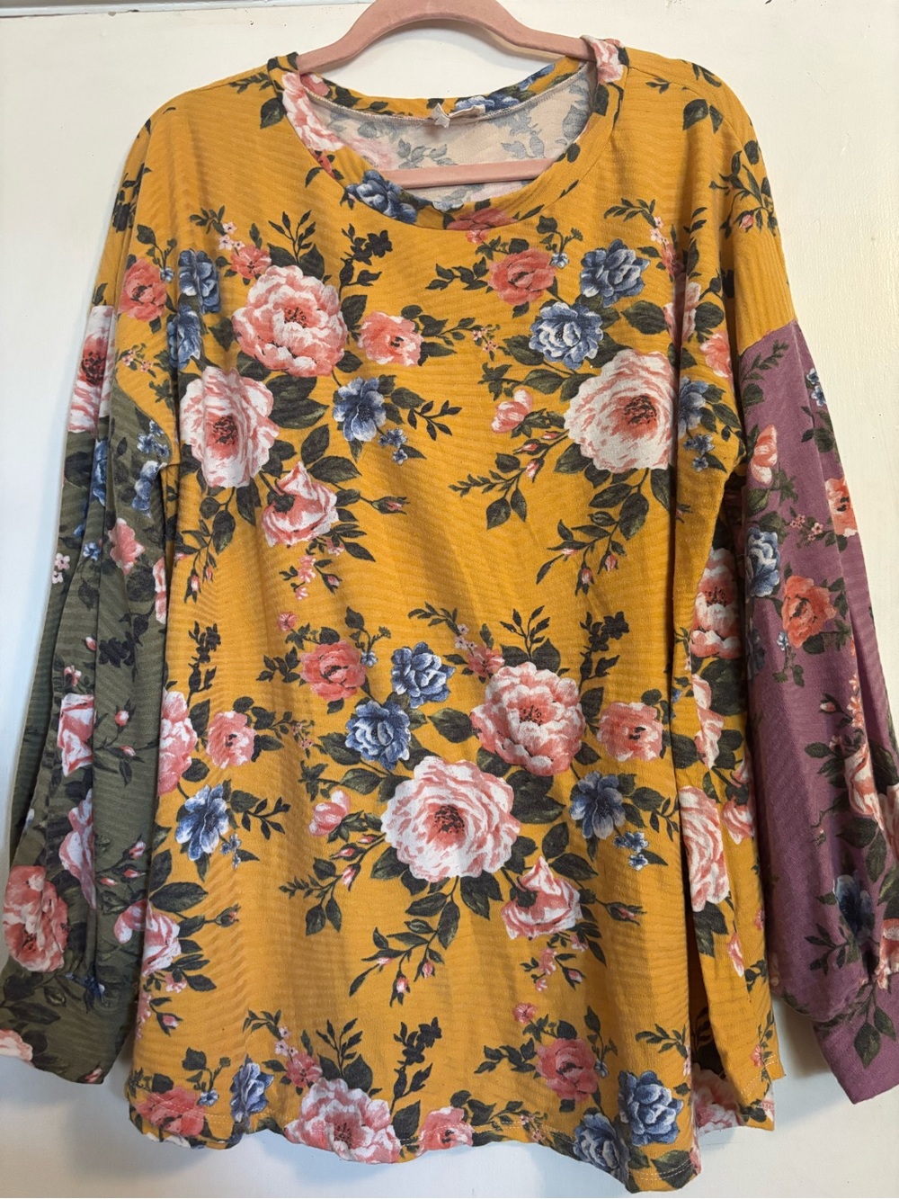 BiBi Mustard Floral Mixed-Sleeve Long Sleeve Top